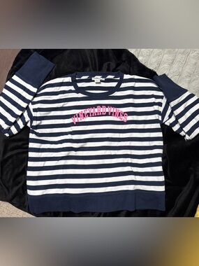 Vineyard Vines lighter weight Navy & White Striped Sweatshirt with Pink Logo